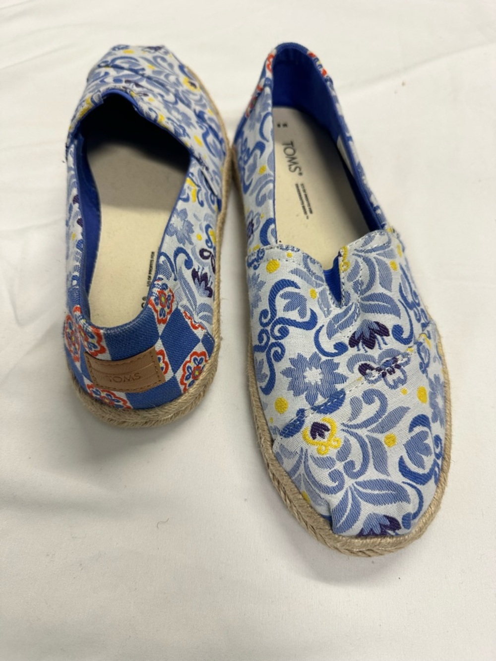 Toms Blue Floral Espadrille Slip-Ons with Yellow Accents